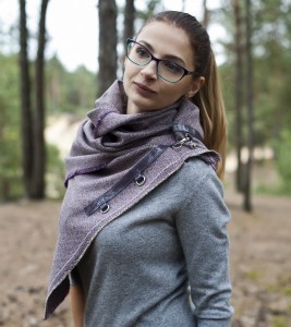 Szal  wełniany wrzosowy z naturalną skórą, jesienne ponczo, wełniana chusta